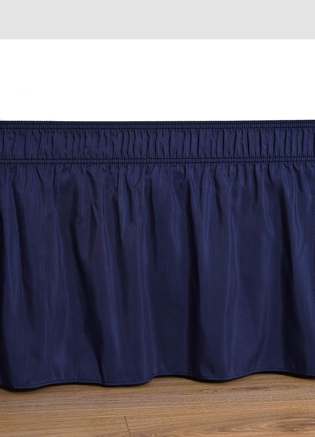Wrap Around Bed Skirts Elastic Dust Ruffles, Easy Fit Wrinkle and Fade Resistant Silky Microfiber Fabric Solid Color Bedskirt, 12 Inch Tailored Drop Navy Blue for Full Size Bed Skirt