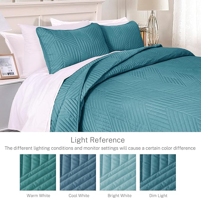 Exclusivo Mezcla Ultrasonic Full Queen Quilt Bedding Set, Lightweight Teal Bedspreads Soft Modern Geometric Coverlet Set for All Seasons (1 Quilt and 2 Pillow Shams)
