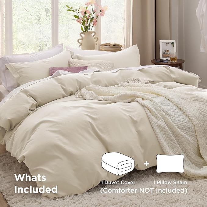 Bedsure Oat Milk Duvet Cover Twin/Twin XL Size - 2 Pieces Prewashed Cotton-Like Polyester Extra Soft Bedding Set, Includes 1 Twin Duvet Cover 68x90 In with Zipper Closure & 1 Pillow Sham, No Comforter