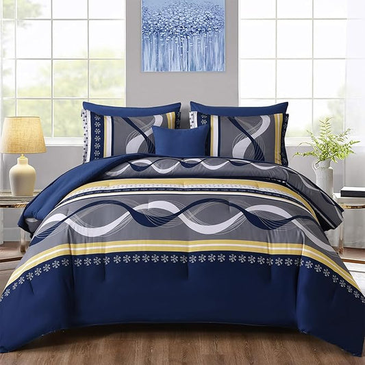 Anibedding Striped Comforter Set Queen Size,8 Pieces Bed in a Bag Navy Blue Yellow Patchwork Bedding Sets,Boho Soft Microfiber Bedding Set for All Season(90"×90")