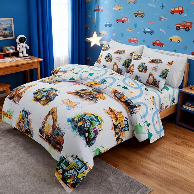 Holawakaka Trucks Tractors Cars Boy Bedding Comforter Set with Sheets, Twin Size Cartoon Construction Car Excavator Print Kids Bed in A Bag 5-Piece, Boys Reversible Dorm Bed Sets (Multi Twin)
