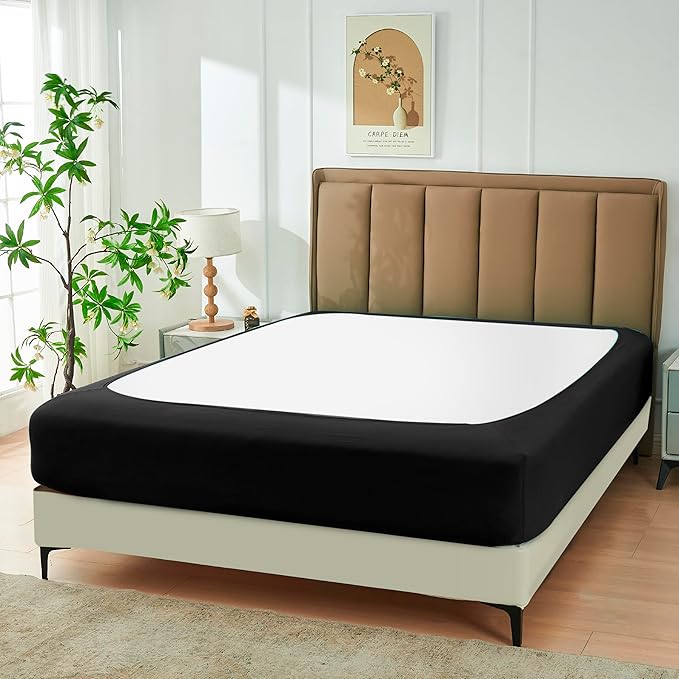 Biscaynebay Decorative Box Spring Cover Twin & Twin XL Size, Black Luxurious Jersey Knitting Stretchy Wrap Around 4 Sides Bed Skirt for Home/Hotels, Easy Fit Wrinkle Free Machine Washable