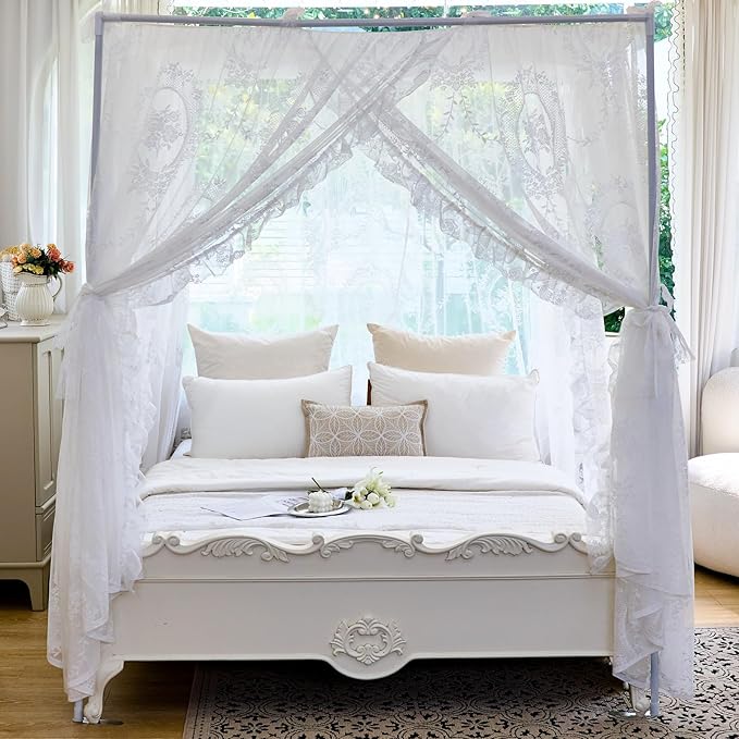 AIKASY Elegant Lace Princess 4-Poster Bed Canopy Mosquito Net - Romantic Wedding Bridal Bedroom Decor, Kids Room Bed Curtain for Women Adults - (White-2,Full)