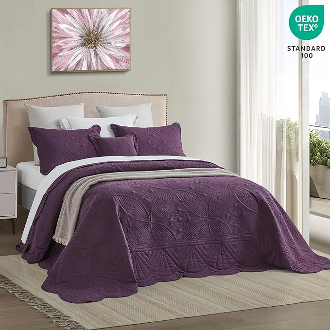 Oversized Bedspread - Queen Size Bedding Cover - Modern & Contemporary Coverlet Set, Real Stitching, Reversible, Lightweight, 5 Piece, Purple
