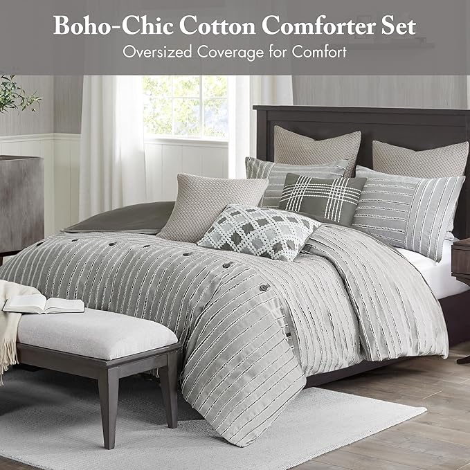 Madison Park King Comforter Set, Removable 100% Cotton Duvet Cover King Size with Insert, Farmhouse Bedding, Textured Stripe Clipped Jacquard Accent, King, Grey 9 Piece