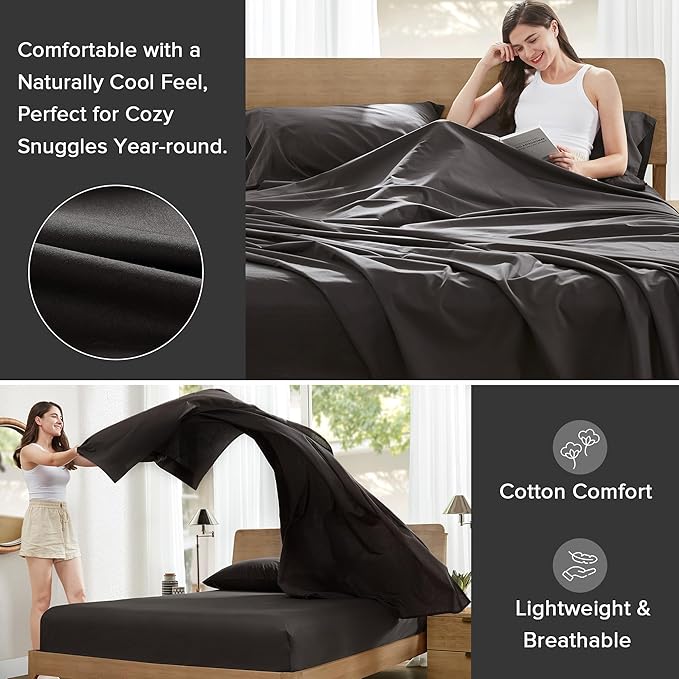 Comfort Spaces 100% Cotton Sheets Queen, Breathable, Ultra Soft Cotton Sheets, Naturally Cool Cotton Bed Sheets with 14" Elastic Pocket Fits up to 16" Mattress, All Season Sheet Set, Black 4 Piece