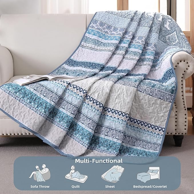 WONGS BEDDING Boho Quilt Set Oversize California King Size, Blue Bohemian 3 Pieces Quilt Sets, Lightweight Bedspread Coverlet Bedding Set for All Season (112"x104")