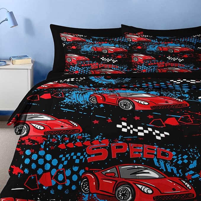 Nesker 7 Pcs Comforter Set Queen Size, Red Black Sports Car Bedding for Kids Teen, Auto Race with Fitted Sheet 2 Pillowcases & 2 Shams for Bedroom Bed Decor
