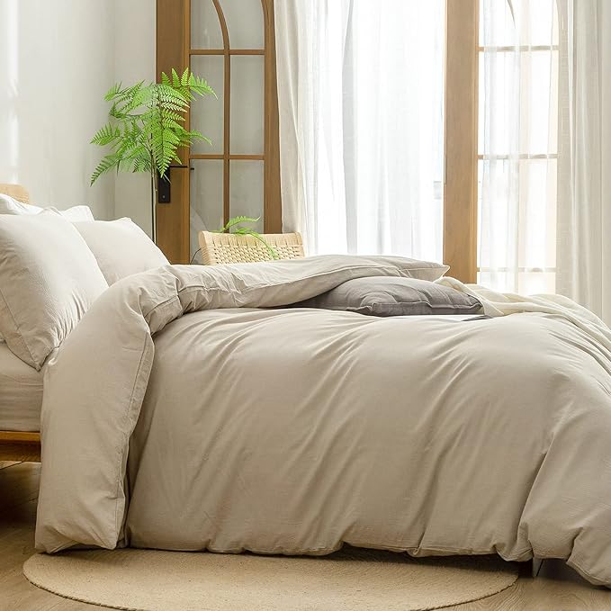 BESTOUCH Duvet Cover Set 100% Cotton Linen Feel Super Soft Comfortable Chic Lightweight 3 PCs Home Bedding Set Solid Almond Milk Grey King