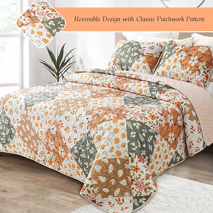 Whale Flotilla Patchwork Quilt Twin Size, Extra Soft Boho Floral Bedspreads for Bed Reversible Lightweight Twin Quilt Bedding Set Printed Coverlets with 1 Pillow Sham for All Seasons, Orange