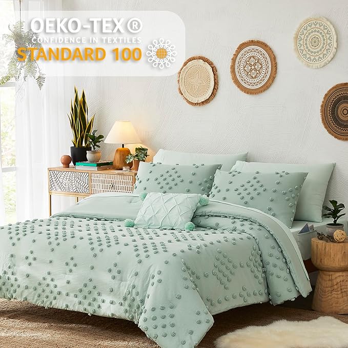 Geniospin Sage Green Twin Comforter Set for Girls- 5 Pieces Pom Tufted Bed in A Bag Twin Bedding Sets with Sheets, Pillowcases & Shams, All Season Kids Comforter Set