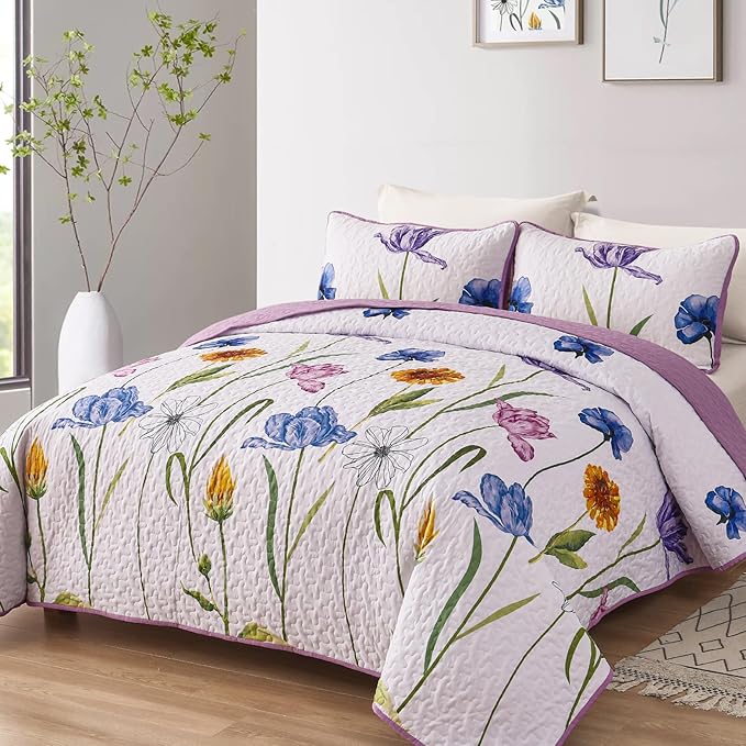 WONGS BEDDING Purple Quilt Set Queen Size,Floral Printed Bedspread Coverlet Bedding Set,3 Pieces Lightweight Farmhouse Spring Botanical Quilts Set (96"x90")