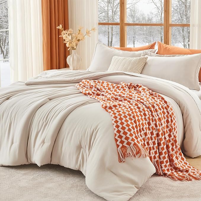 MUXHOMO Beige Full Comforter Sets, All Season Ultra Soft Down Alternative Bedding - 3 Piece Lightweight Bed Set Includes 1 Comforter (82"x86") and 2 Pillow Shams (20"x26")