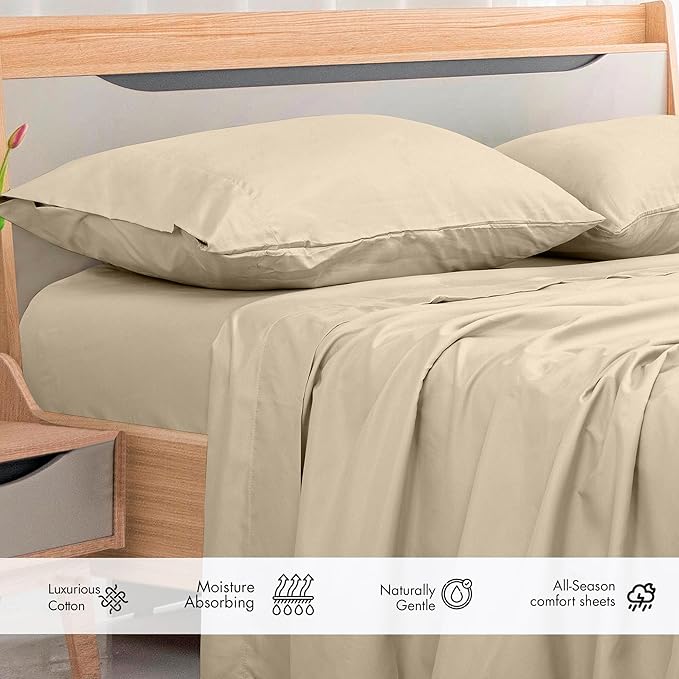 Royale Linens 300 Thread Count 100% Long Staple Combed Cotton Flat Sheet - Super Soft - Top Sheets - Full Flat Sheet Sold Separately - Breathable, Cool & Crisp Percale Sheets Only (Full, Cream)
