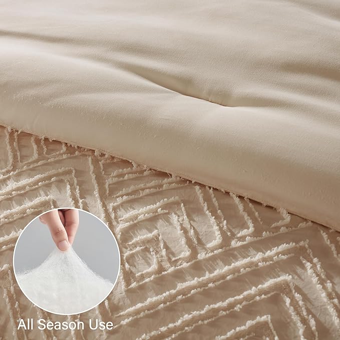 Zzlpp King Size Comforter Set 7 Pieces, Beige Tufted Bed in a Bag with Comforter and Sheets, All Season Boho Bedding Sets with 1 Comforter, 2 Pillow Shams, 2 Pillowcases, 1 Flat Sheet, 1 Fitted Sheet