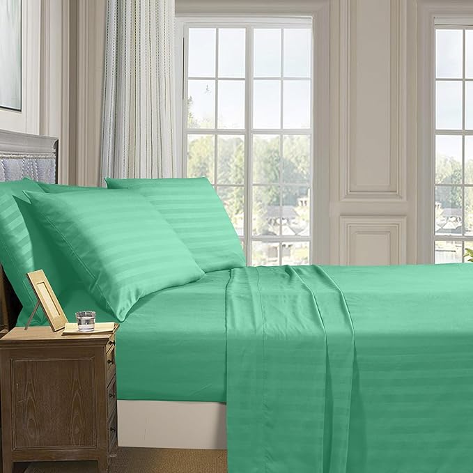 Elegant Comfort Softest and Coziest 6-Piece Sheet Set - 1500 Premium Hotel Quality Microfiber - Deep Pocket, Wrinkle Resistant 6-Piece Damask Stripe Bed Sheet Set, Queen, Paradise Teal