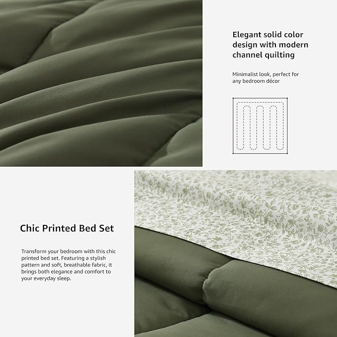 Monbix King Size Comforter Set - 7 Pieces Bed in a Bag King, Olive Green Track Stitching Bedding Sets, All Seasons Comforter Bed Set with Sheets, Pillowcases & Shams