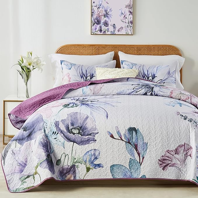 Yogeneg Full Queen Size Quilt Set,Elegant Floral Botanical Pattern Purple Bedding Set,3 Piece Lightweight Soft Summer Bedspread Coverlet with 2 PIillow Sham for All Season(Purple Floral,90"x96")