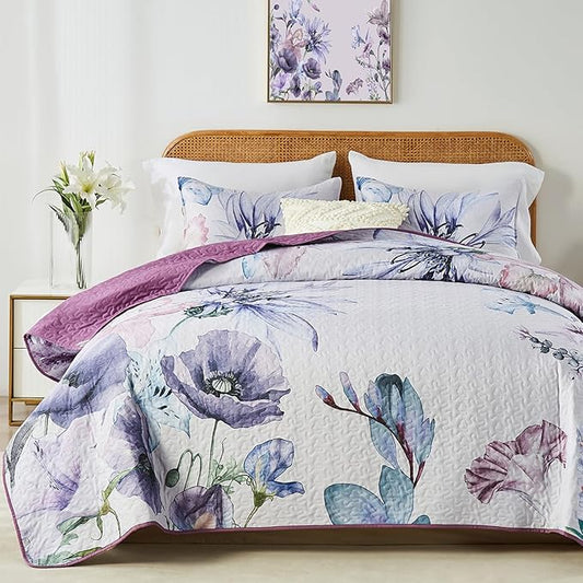 Yogeneg King Size Quilt Set, Elegant Floral Botanical Pattern Purple Bedding Set,3 Piece Lightweight Soft Summer Bedspread Coverlet with 2 PIillow Sham for All Season(Purple Floral,110"x96")