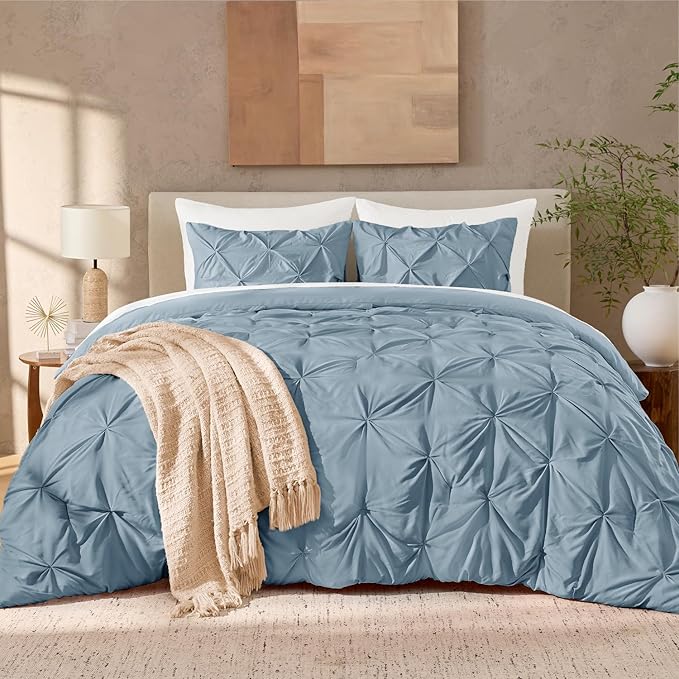 Andency Grayish Blue Pinch Pleat Comforter Full(79x90Inch), 3 Pieces(1 Pintuck Comforter and 2 Pillowcases) Solid Soft Down Alternative Microfiber Lightweight Bedding Set All Season