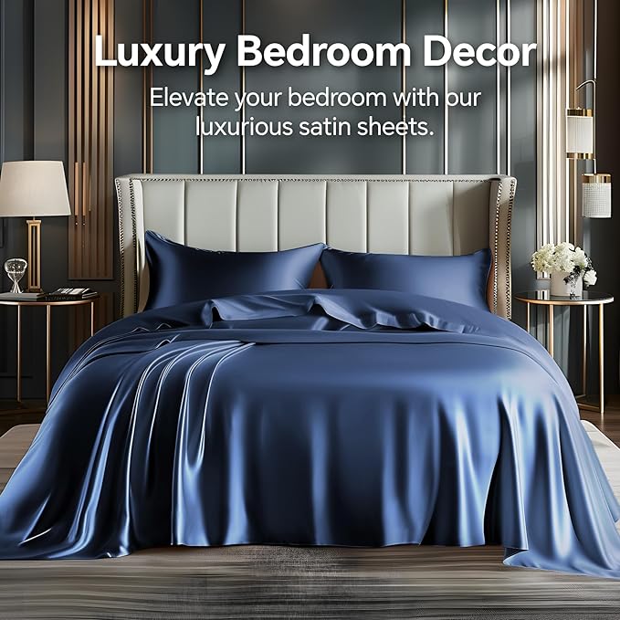 BEDELITE Satin Sheets Twin XL Size Bed Set, Luxury Soft Navy Silky Sheets for Hair and Skin, Similar to Silk Bed Sheets Set 3 Pieces （1 Deep Pocket Fitted Sheet, 1 Flat Sheet, and 1 Pillowcase）