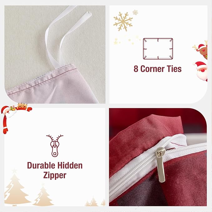 Lekesky Christmas Duvet Cover Queen Size,3 Pieces Reversible Red Plaid Reindeer Snowflake Holiday Bedding Set with Zipper Closure and Corner Ties(1 Duvet Cover 90x90 inches + 2 Pillowcases)