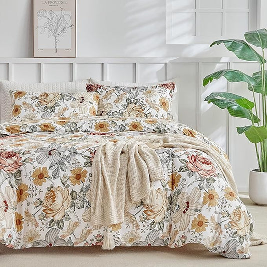 Lekesky King Duvet Cover Set, Reversible Vintage Flowers Print Comforter Cover King Size 3pc, Soft 100% Washed Microfiber Breathable Bedding Sets with Zipper Ties and 2 Pillowcases