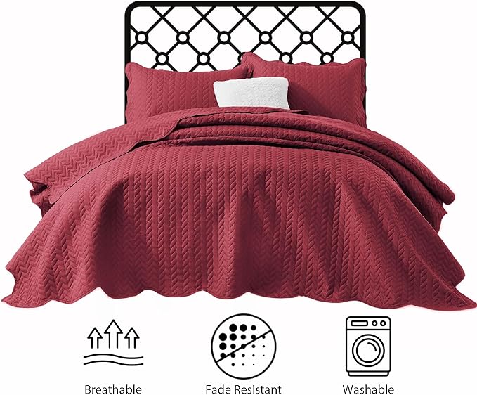IR Imperial Rooms California King Quilt Bedding Set Size (118"x106") + 2 Pillow Shams (20" x 36"+ 2") - 3 Pcs All Season Reversible Microfiber Coverlet Embossed Quilt Bedspread (Burgundy)