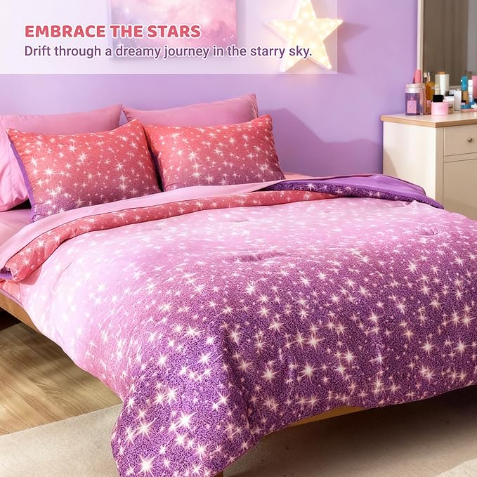 Full Comforter Set for Girls Kids - 7 Pieces Purple Galaxy Full Size Bedding Sets for Kids, Soft Cozy Bed in A Bag with Sheets