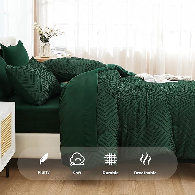 Andency California King Comforter Set Dark Emerald Green - 7 Pieces Bed in a Bag Cal King Bedding Comforter Sets, Tufted Lightweight Fluffy Bed Set with Comforter, Sheets, Pillowcases & Shams