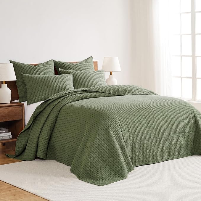 Levtex Home Cross Stitch Reversible Full Bedspread Set (100x104in) with 2 Pillow Shams (26x20in) - Stitch Texture - Forest Green - Cotton Full Size Bedspread Set - Lightweight, Soft, Pre-Washed
