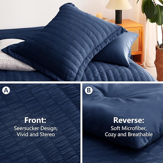 CozyLux Oversized King Comforter Set Navy Blue Seersucker 7 Pieces Bed in a Bag King Comforter Set with Sheets, Luxury Soft Bedding Set with Down Alternative Comforter, Sheets, Pillowcases & Shams