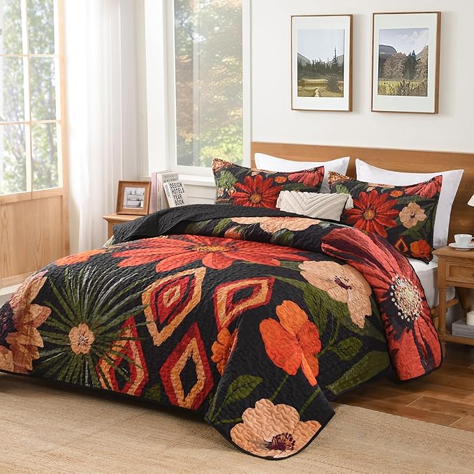Andency Floral Boho California King Quilt Bedding Set Black, 3 Pieces Farmhouse Flower Botanical Summer Oversized King Bedspreads, Soft Reversible Lightweight Microfiber Coverlet Set, 104"x112"