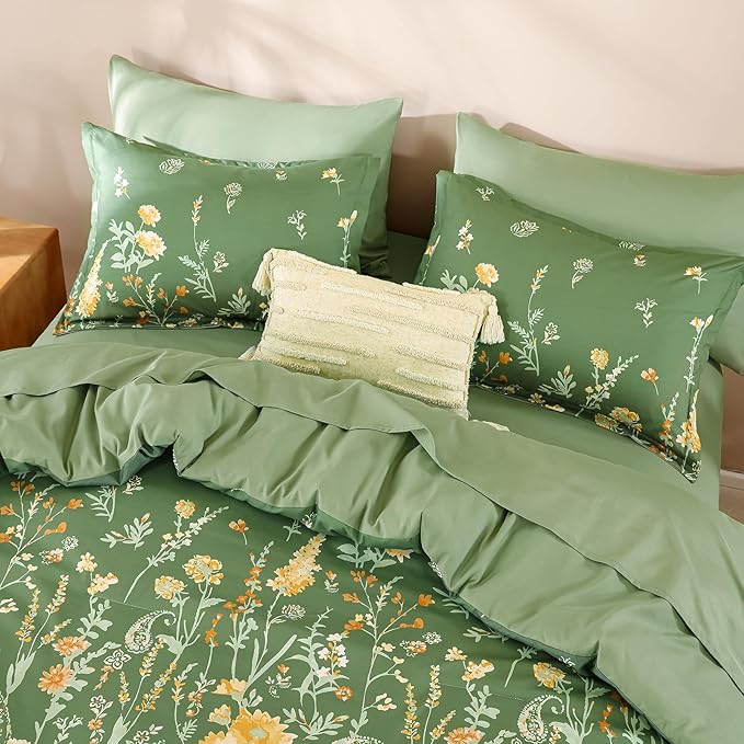 Yiran 7 Piece Sage Green Floral Comforter Set Queen Size, Watercolour Botanical Comforter Bedding Set, Bed in a Bag Queen, Soft Microfiber Complete Bedding Set with Sheets for All Season