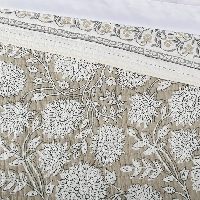 Levtex Home Adare Taupe Reversible King/Cal King Quilt Set (106x92in) and 2 Pillow Shams (36x20in) - Floral Bedding - Taupe White - Cotton King Size Quilt Bedding Set - Lightweight, Soft, Pre-Washed