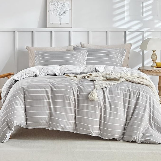 Lekesky Striped Duvet Cover King Size, Grey Striped King Duvet Cover Set, Soft Microfiber King Comforter Cover 3 Pieces Grey Bedding Sets with Zipper Ties & 2 Pillowcases 20"x36"