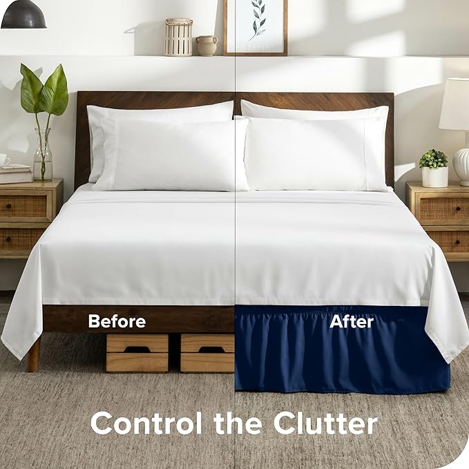 Bare Home Wrap Around Bed Skirt - for Twin Size Beds with 15 inch Tailored Drop - Easy Fit Elastic Strap - Adjustable and Ruffled Style - Wrinkle, Fade, and Stain Free (Twin, Dark Blue)