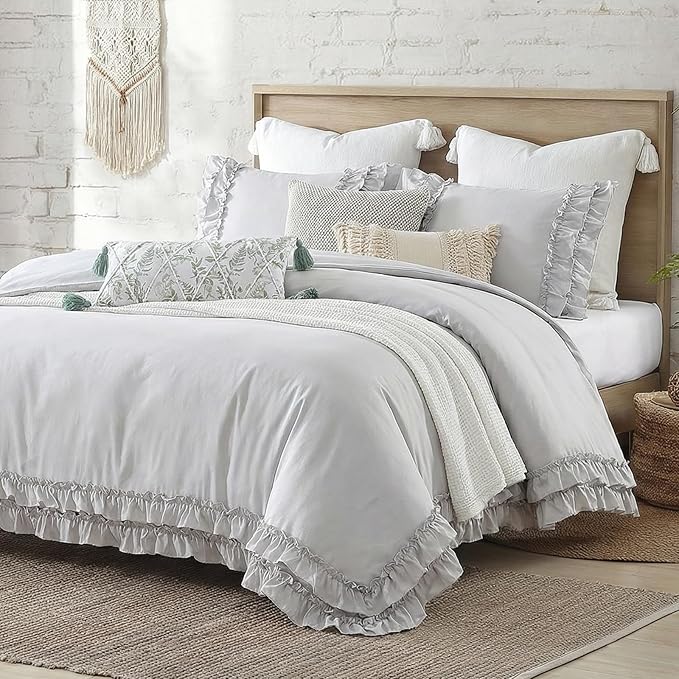 Bedorm Gray Duvet Cover Set Twin Ruffle Bedding Set Pleat Ruffled Shabby Chic Comforter Cover Extra Soft & Easy Care Gray Boho Duvet Cover with Zipper Closure