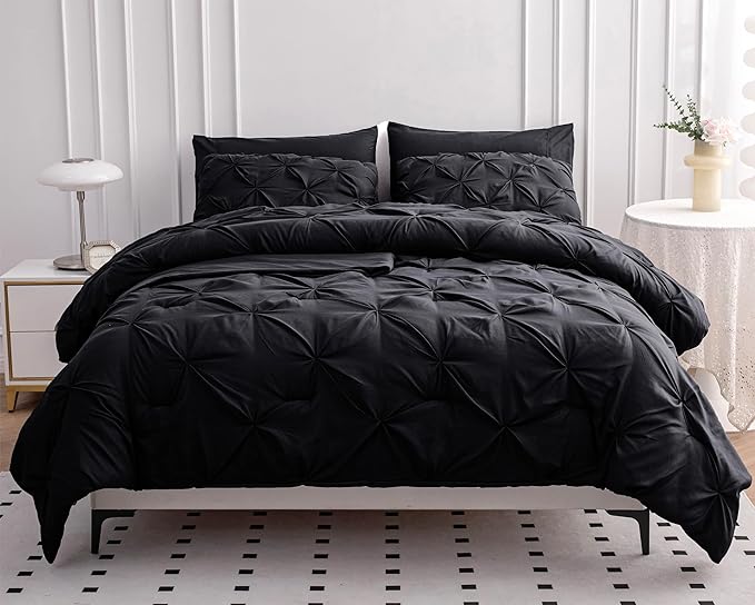 LANE LINEN 7 PCs Comforter Set Queen Size - Hotel Style Black Queen Comforter Set with Sheets - All-Season Puffy, Trendy Design, Deep Pocket Sheets, Pillowcases & Shams - Durable Queen Bed Set – Black | Extra puffy feel, Durable daily use, Secure pocke...