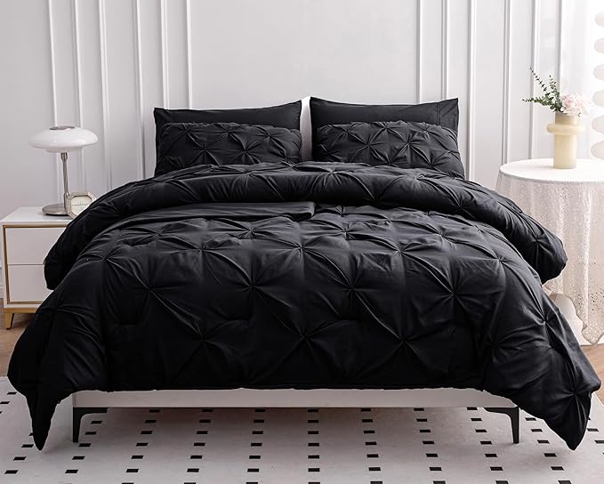 LANE LINEN Black Twin XL Comforter - 5 Piece Set - Pintuck Detailing Ready to Style Bedding Set - All Season Comforter, Pillowcase, Pillow Sham, Flat Sheet & Fitted Sheet - Everyday Twin XL Bed Sets | Soft daily feel, Durable pintuck, All season warmth...
