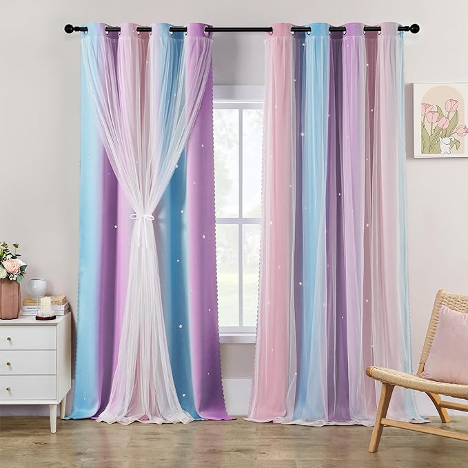 XiDi Girls Blackout Curtains 120 Inches Long for Bedroom, Room Darkening Grommet Window Ombre Curtains 2 Panel Sets, Kids Unicorn Princess Theme Decor Colorful Rainbow Design Pink Purple 34X120/2