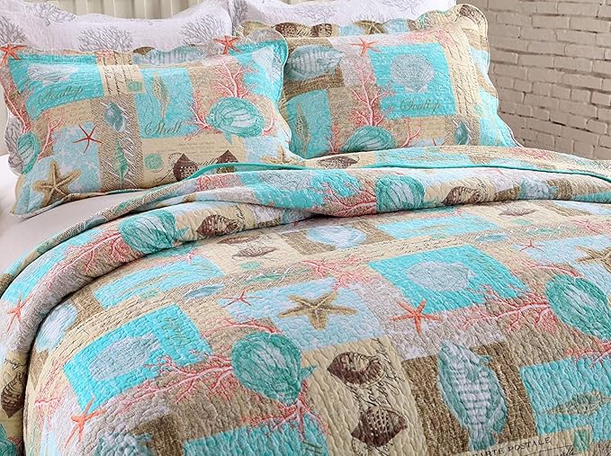 YAYIDAY Quilts Queen Size Bedspread Set - 100% Cotton Reversible Breathable Star Fish Coral Shell Style Quilted Quilt with Pillow Shams for All Seasons