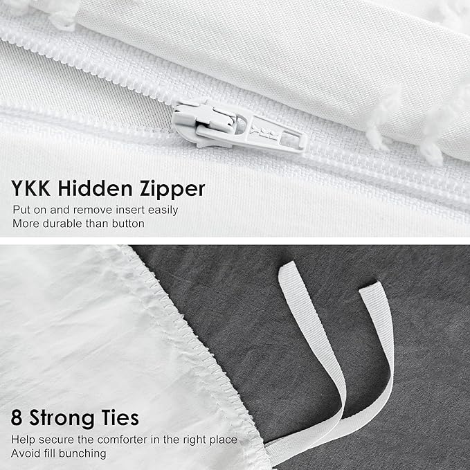 WARMDERN Boho Duvet Cover Set, Tufted Bedding Duvet Covers Soft Washed Microfiber Duvet Cover Twin Size, 2 Pieces Embroidery Shabby Chic Duvet Cover with Zipper Closure(White, Twin)
