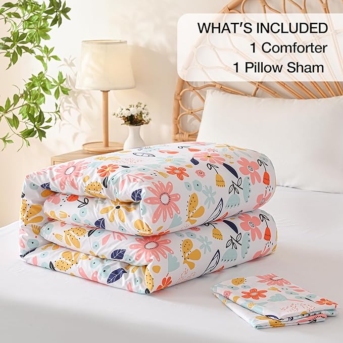 Yibeizi Floral Comforter Set for Girls Twin, Kids Cute Printed Bedding Set with Pillow Sham, Lightweight Soft Breathable Machine Washable Quilted Bed Comforter Set 2 Piece