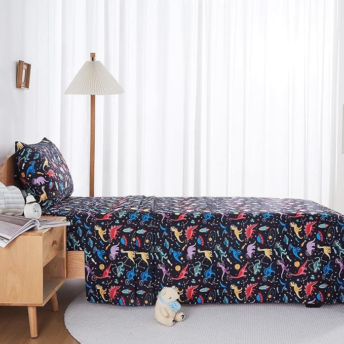 Kids Sheet Set Twin Size, Twin Sheet Set with Space Dinosaur Pattern，Breathable Silky Soft Microfiber Kids Fitted Sheet