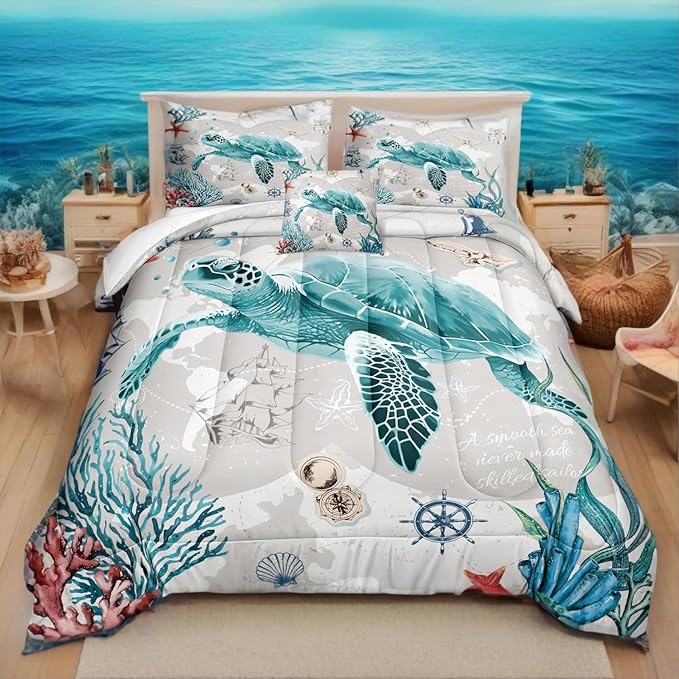 Bedbay Nautical Bedding Set Turtle Comforter Set King Size Beach Comforter Set Soft Microfiber Sea Life Ocean Bedding Quilt Set Coastal Bedding Boys Girls Beach Theme Bedding Set(Turtle,King)