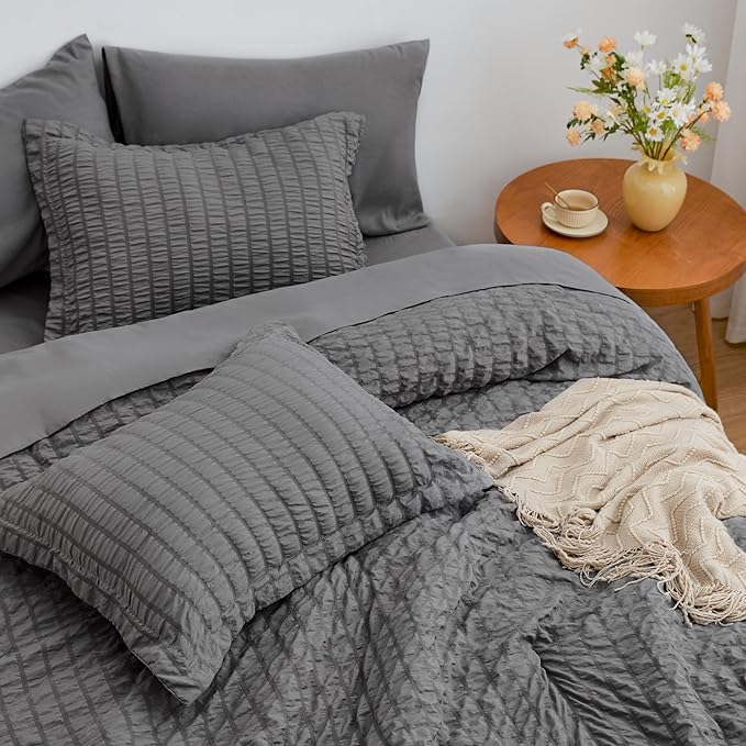Love's cabin Seersucker Dark Grey California King Comforter Set, 7 Pieces California King Bed in a Bag, All Season Bedding Sets with Comforter, Flat Sheet, Fitted Sheet, Pillowcase and Pillow Sham | Soft, Breathable, Lightweight