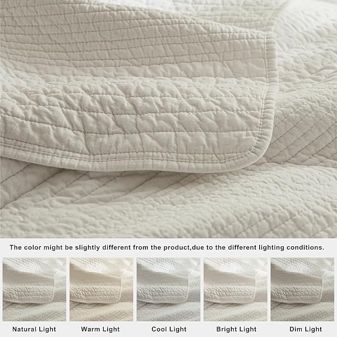 palassio Striped Beige 100% Cotton Quilt California Cal King Size Bedding Sets, Oversized Lightweight Channel Pick Stitch Textured Bedspread Soft Farmhouse Country Coverlet for All Season, 2 Shams