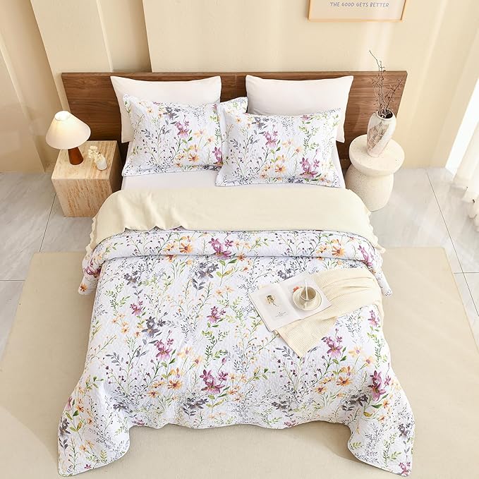 QSH Floral Quilt Queen Size Bedding Set (90"x98") 3Pcs 100% Cotton Quilt Set Yellow Wild Botanical Flower Printed Bedspread Coverlet Queen Lightweight Soft Bedding Set with Pillowcases