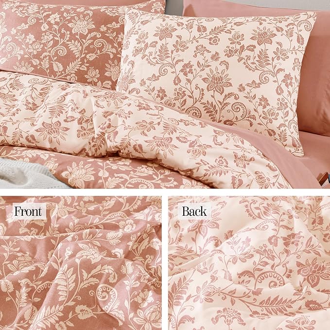 Twin XL Comforter Set -5 Pieces Floral Clay Pink Bedding Set for All Seasons, Bed in a Bag with Botanical Flowers Comforter, Sheets, Pillowcase & Sham
